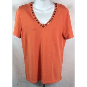 Yarns & Stitches rayon knit top L orange  Beaded V-neck short sleeve Boho Hippie